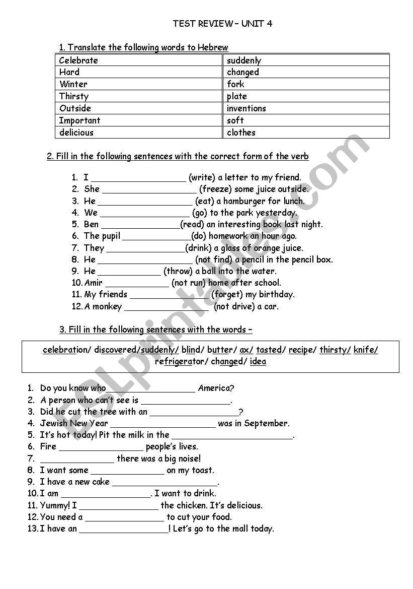 test review workpage for the fourth unit of Panorama Alternative coursebook