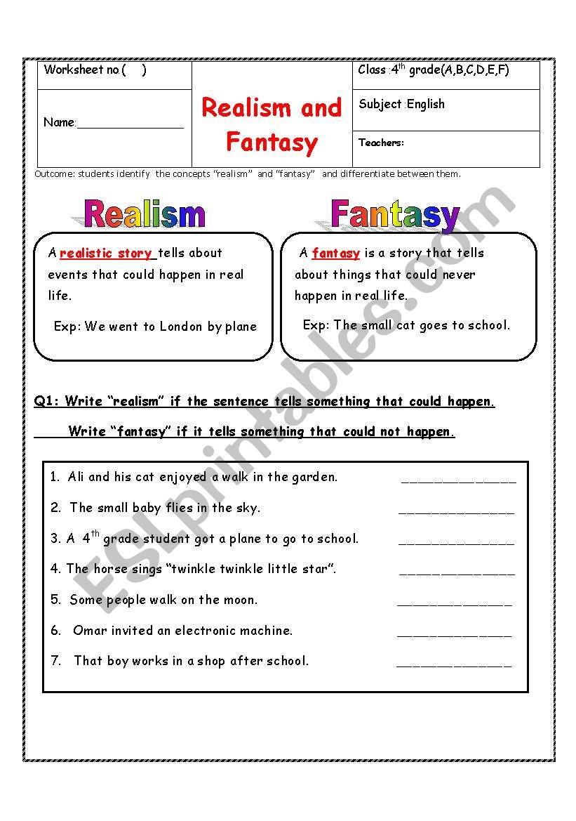 realism fantasy worksheet