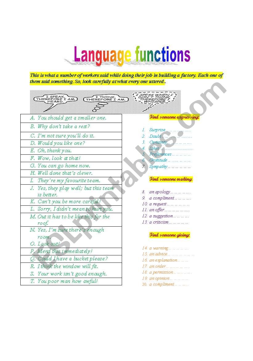 language functions worksheet