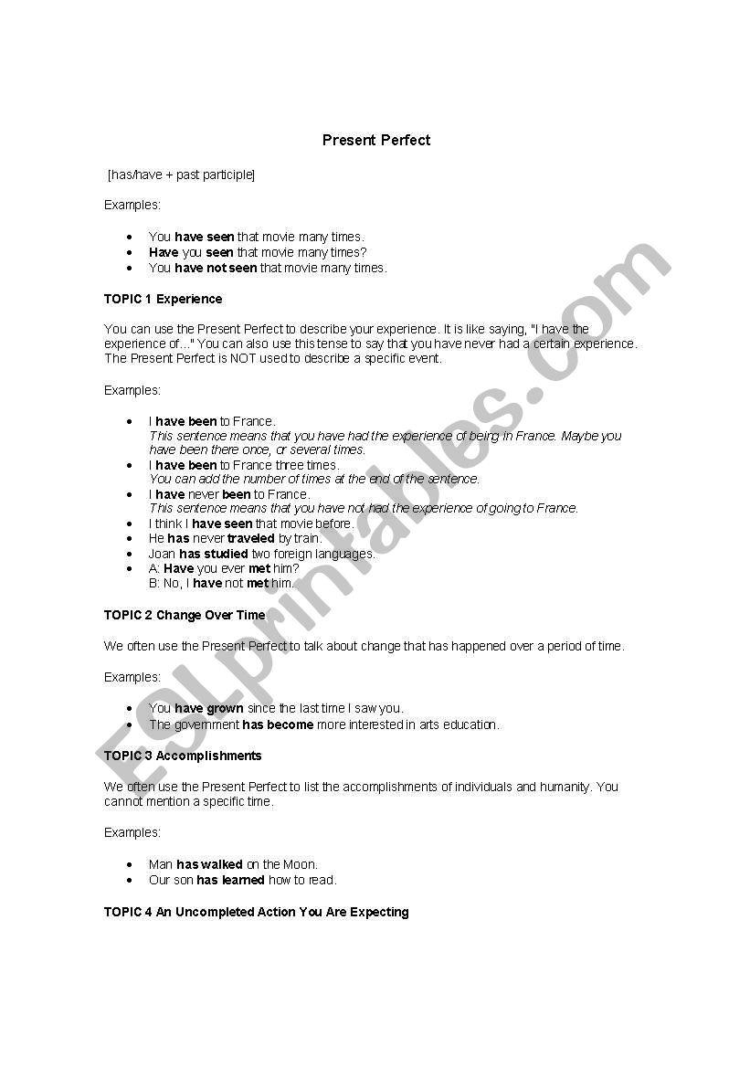 PRESENT PEFECT worksheet