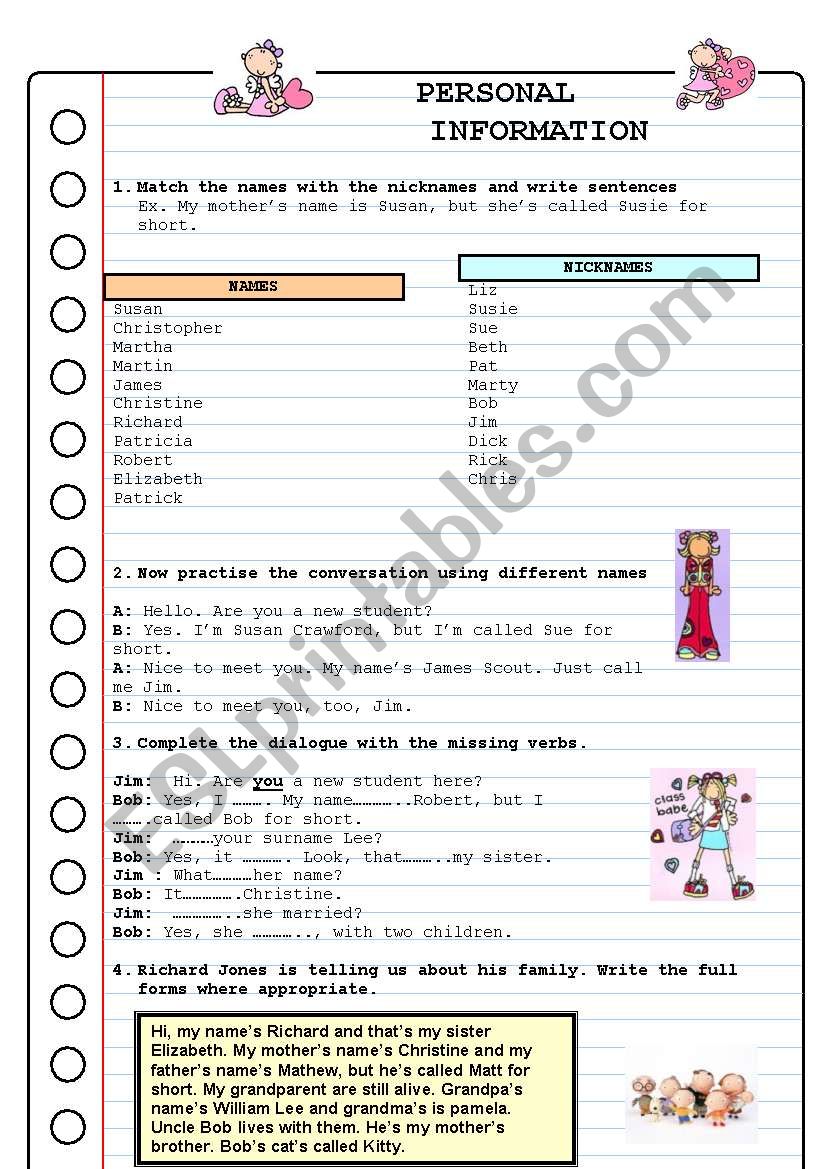 PERSONAL INFORMATION worksheet