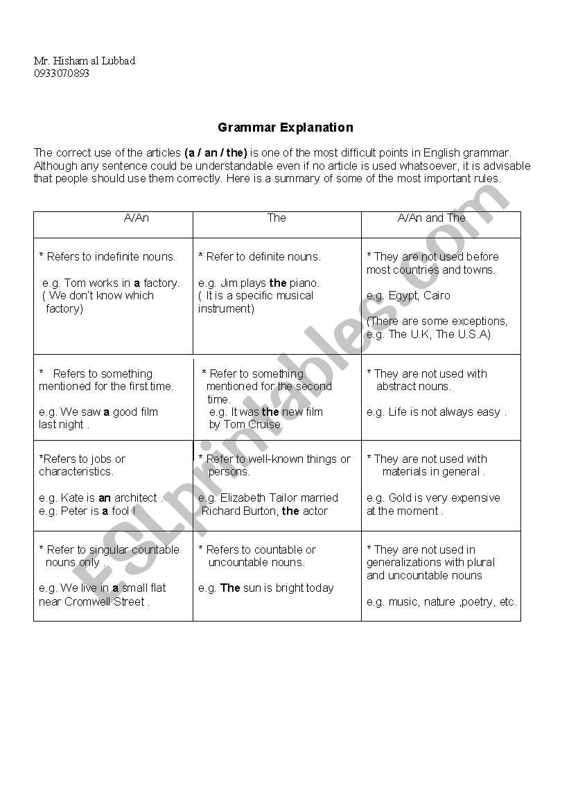 articles worksheet