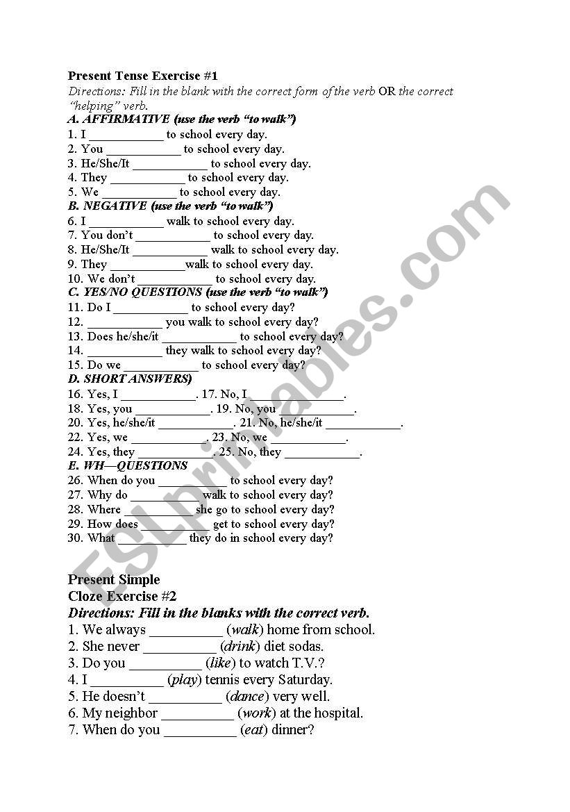 Present tense worksheets worksheet