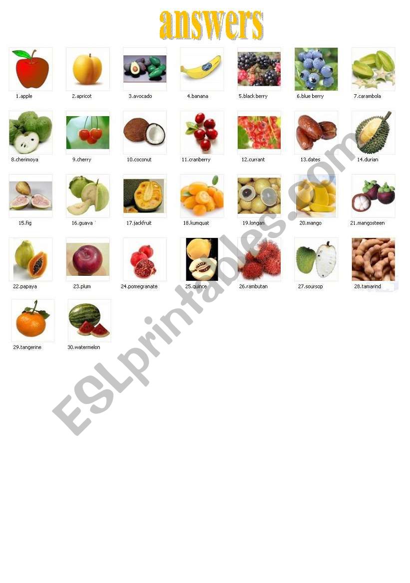 fruits anwer worksheet