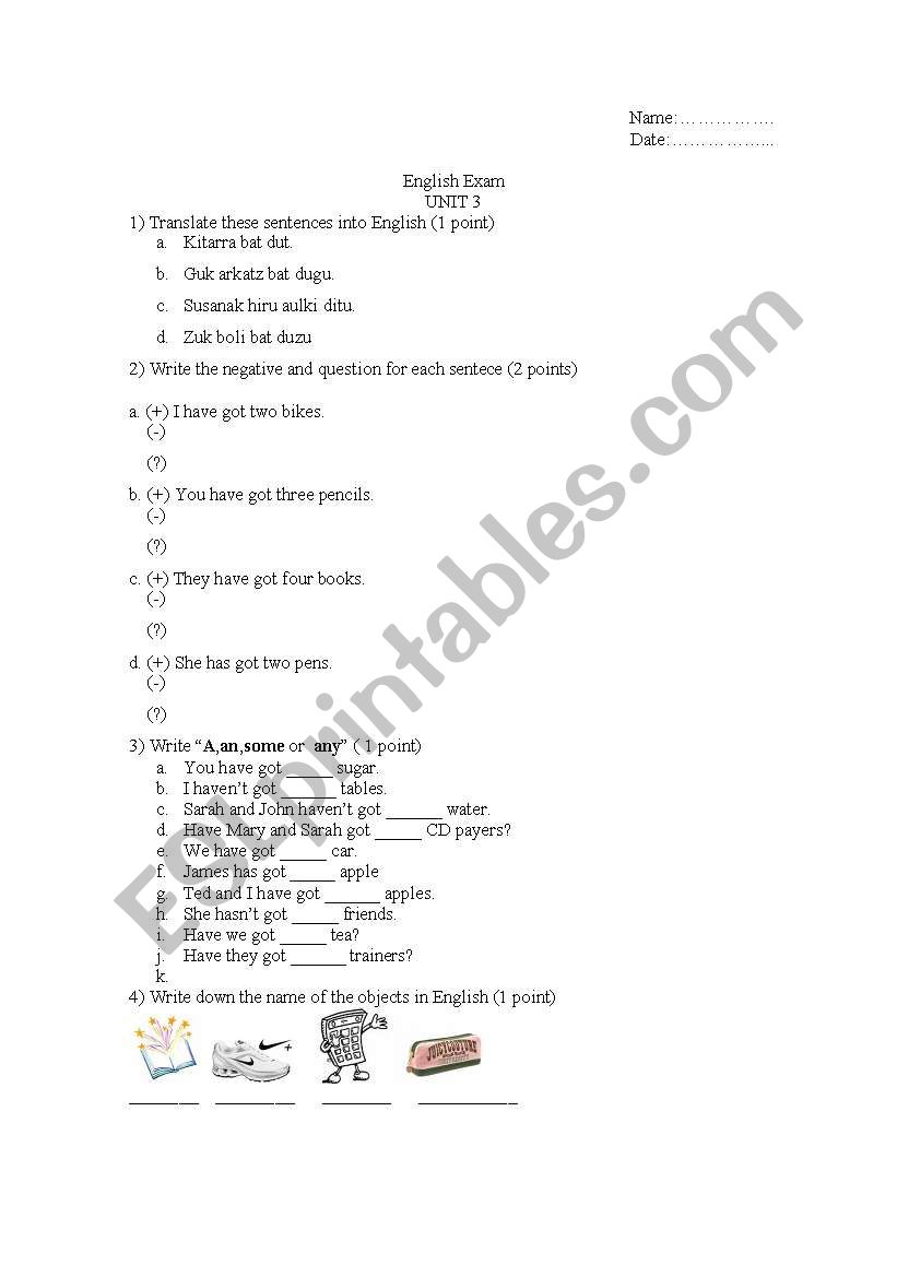 Exam on Unit 3 of  worksheet