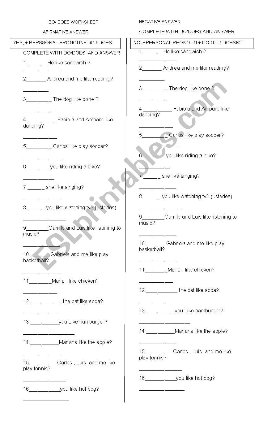 DO/DOES WORKSHEET worksheet