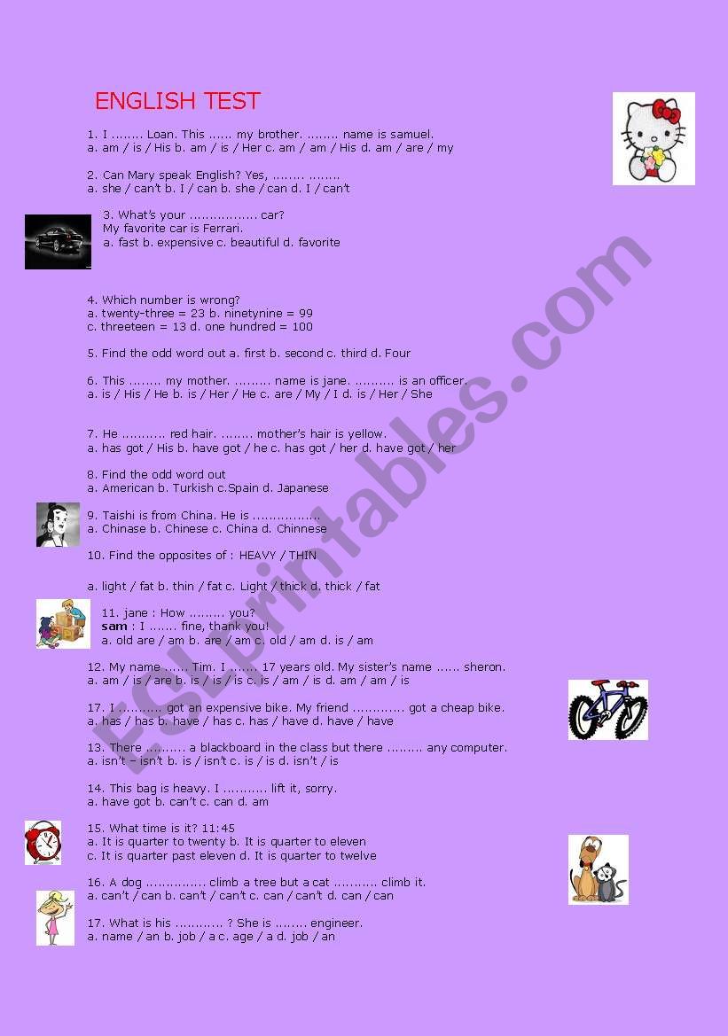 test for beginners worksheet