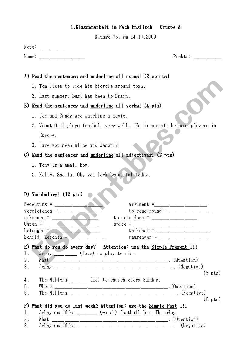 English Test 7th grade worksheet