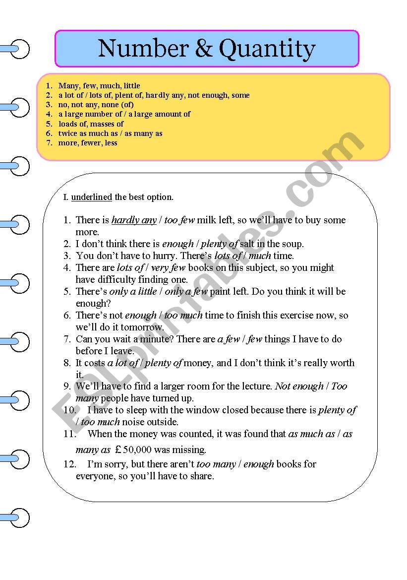 Number & Quantity worksheet