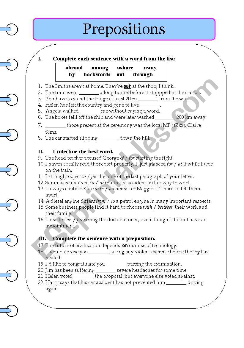 Prepositions worksheet