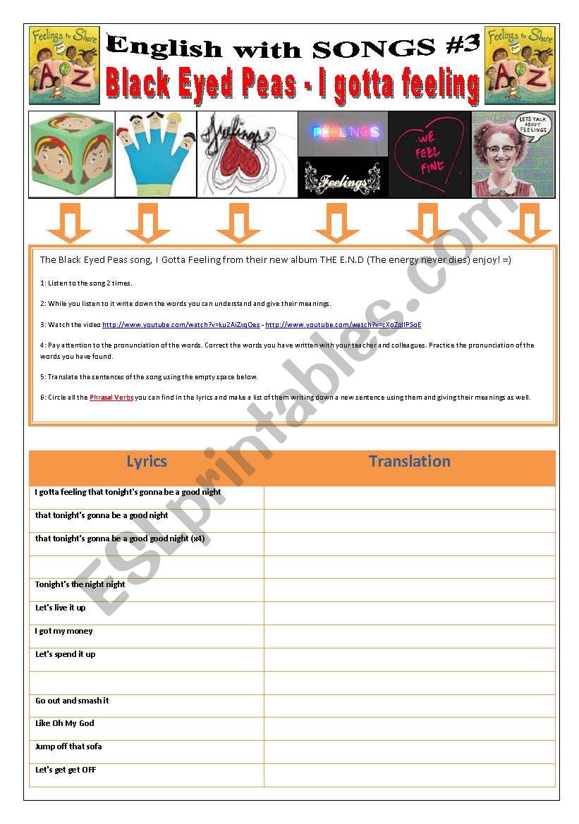 ENGLISH WITH SONGS #3# - (11 pages) - BLACK EYED PEAS - I GOTTA FEELING with 10 activities Phrasal Verbs + 1 extra game/Competition
