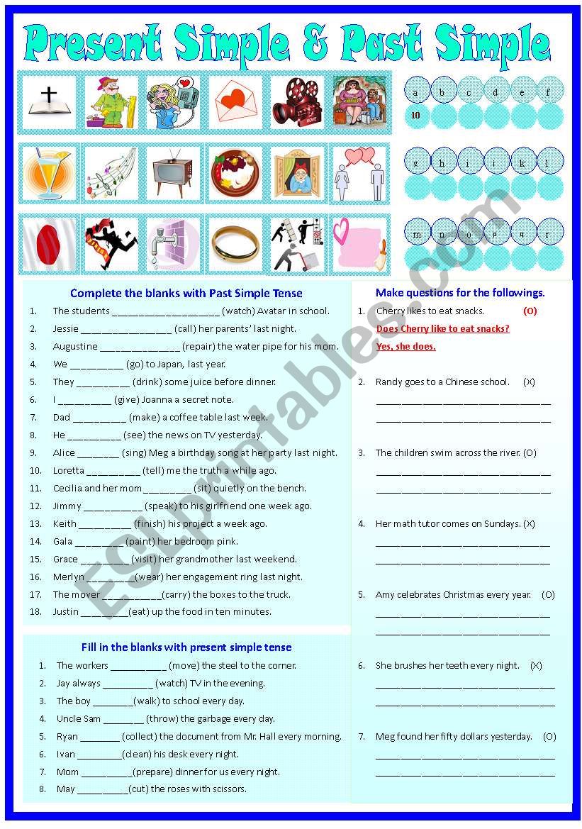 Present and Past Simple Tense (B/W & Keys) included