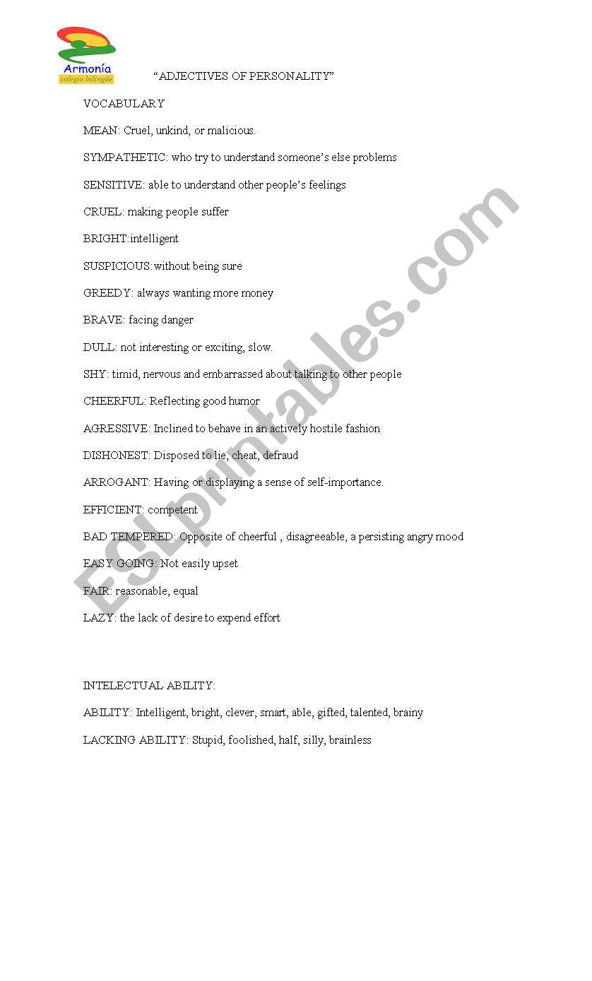 adjectives of personality worksheet