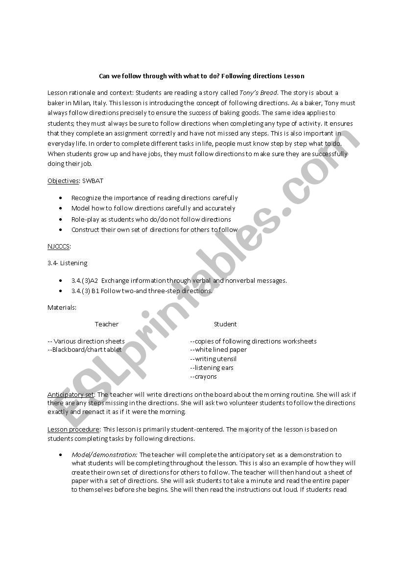 Following Directions worksheet