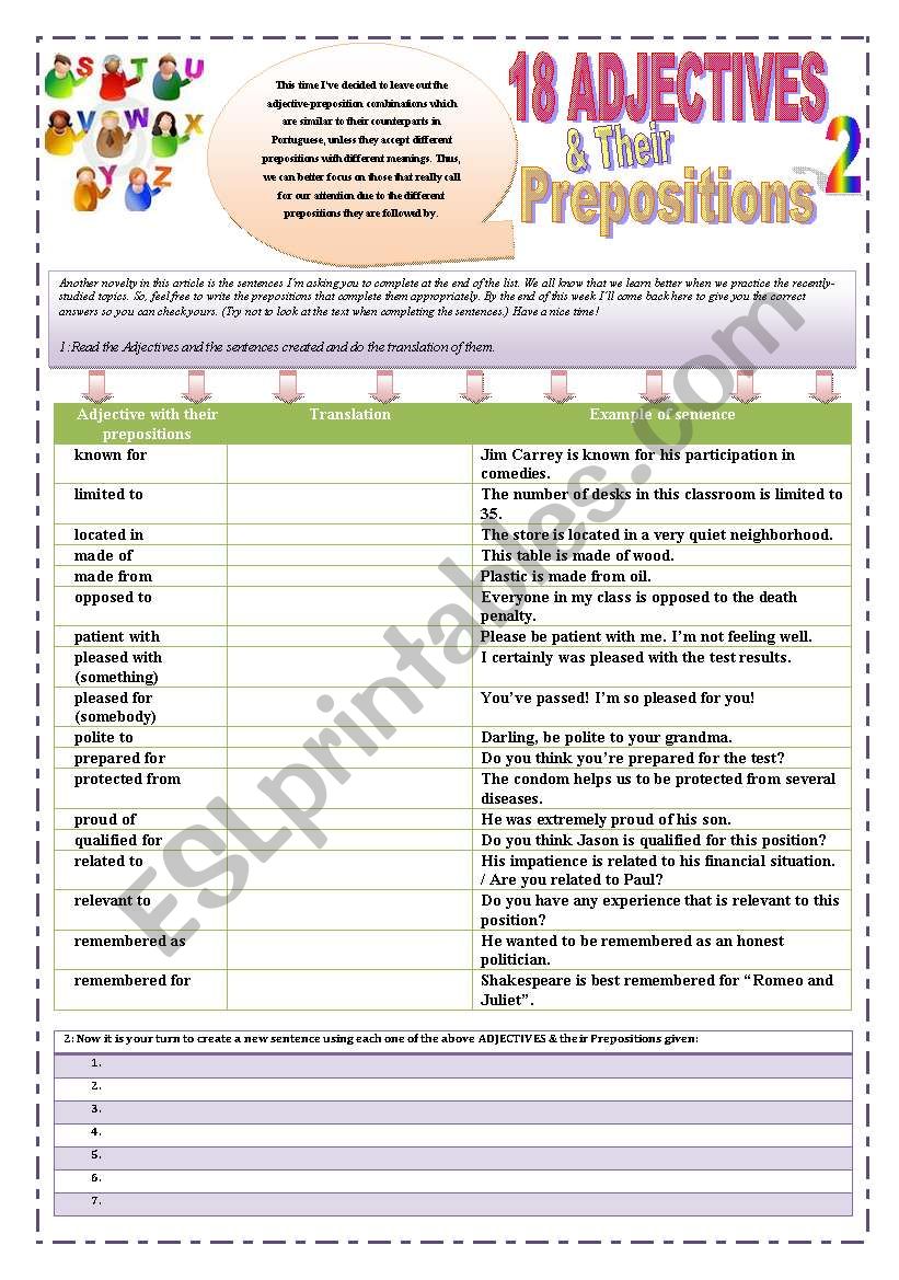 18 ADJECTIVES & THEIR PREPOSITIONS - (4 pages ) - (Part 2 of 2) 6 Activities in a complete set + 1 list of Adjectives