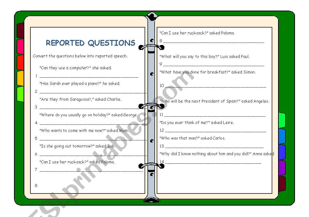 reported questions worksheet