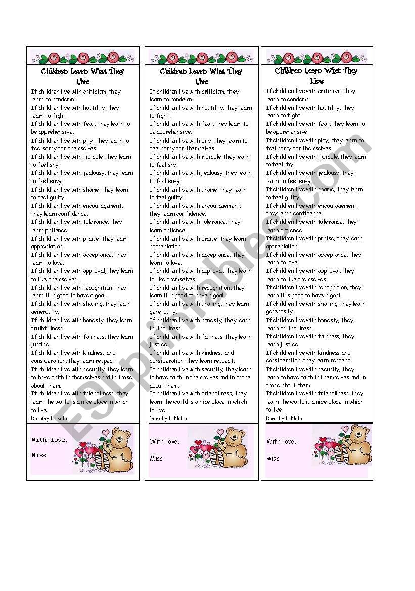 Bookmark with sweet poem worksheet