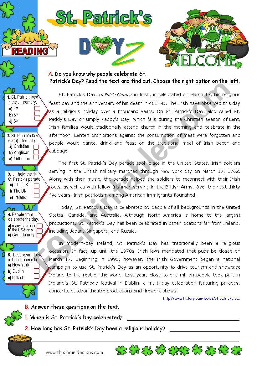 St Patrick S Day Set 2 Reading Comprehension Esl Worksheet By Mena22