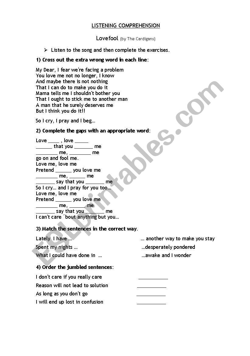 Love Fool - The Cardigans worksheet