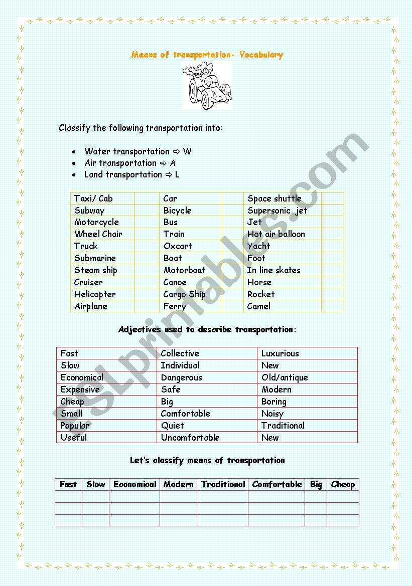 Means of transportation worksheet