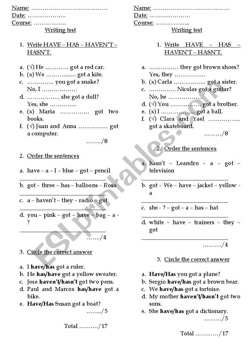 Have/ Has/ Have not/ Has not worksheet