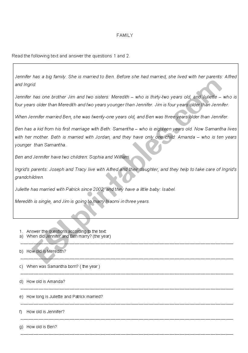 Reading - Family worksheet