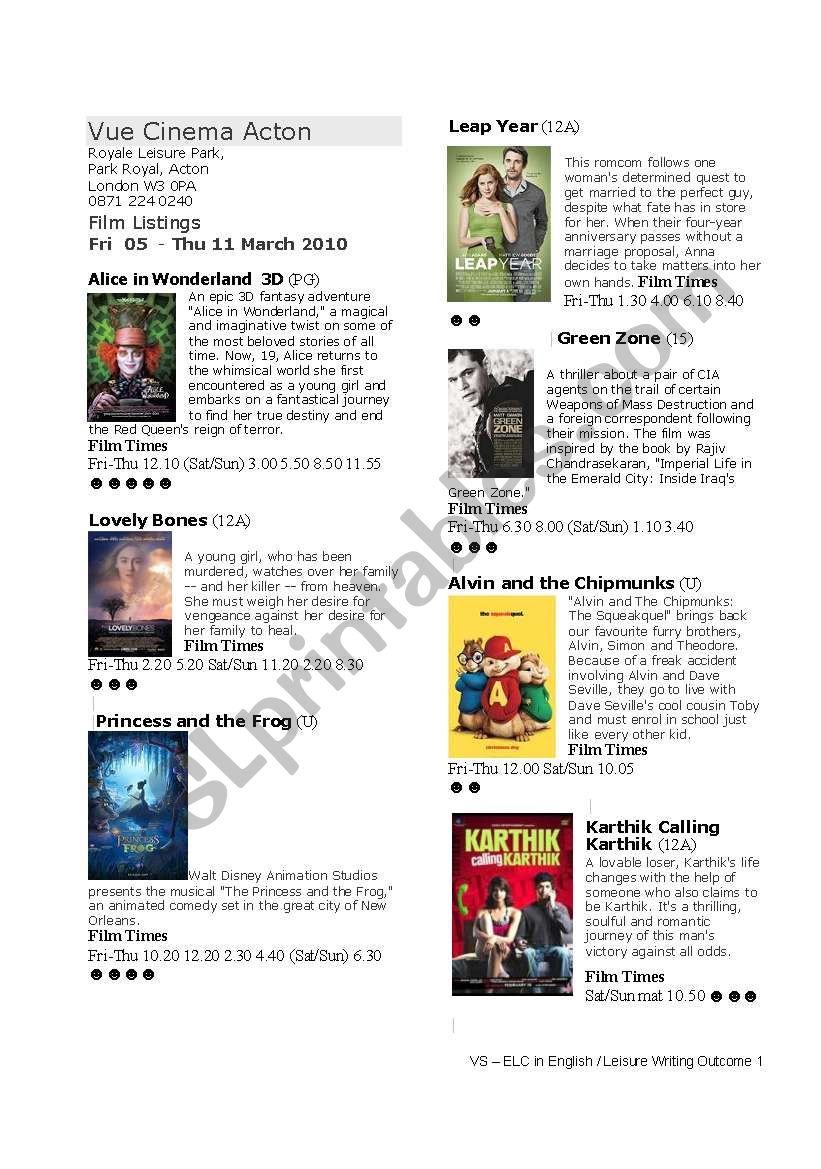 What is on at the Cinema? Cinema listings - reading and writing
