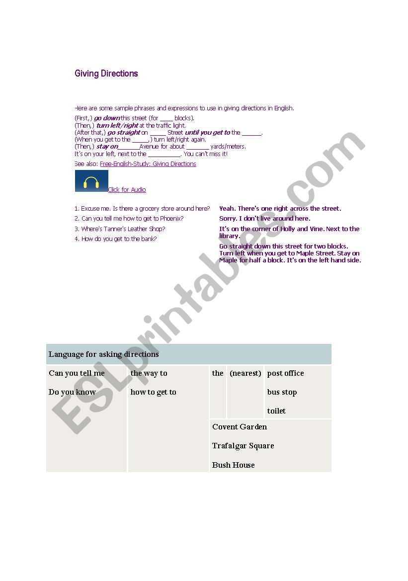 giving directions worksheet