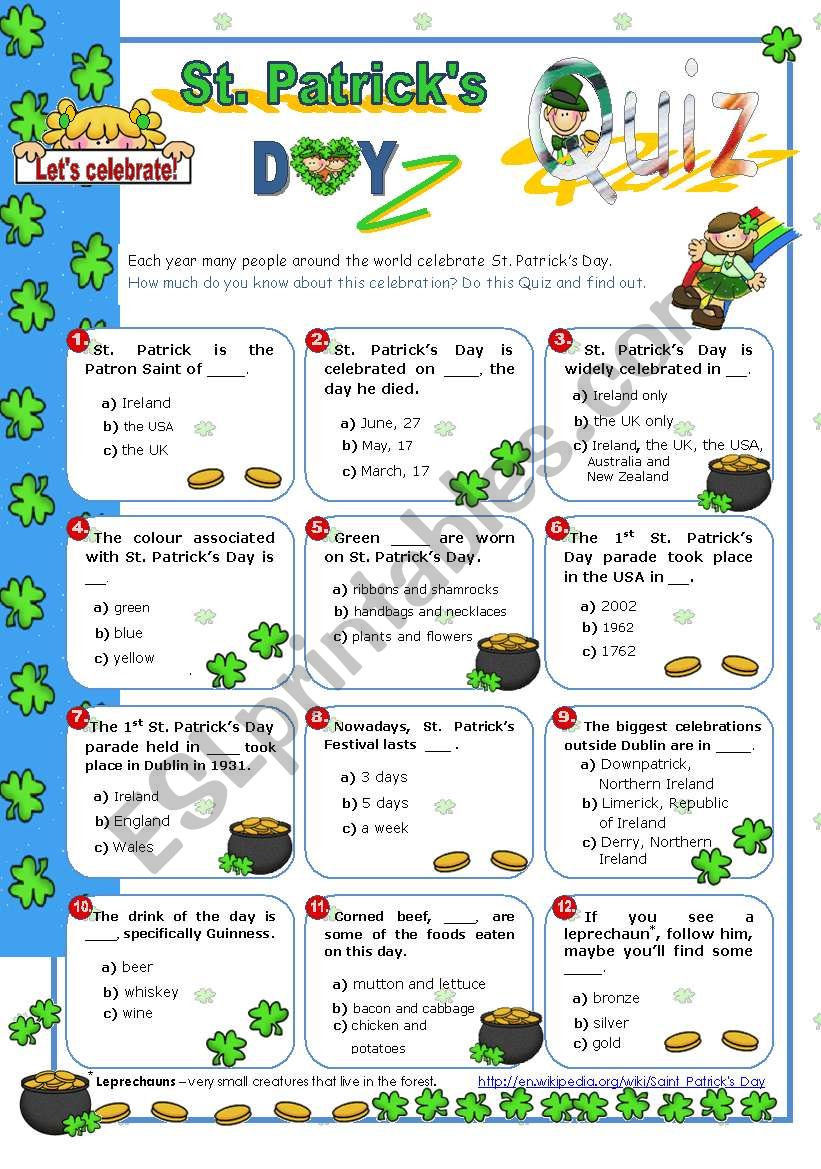 St. PatrickÂ´s Day Set  (1)  - Quiz for Upper Elementary/ Intermediate Students