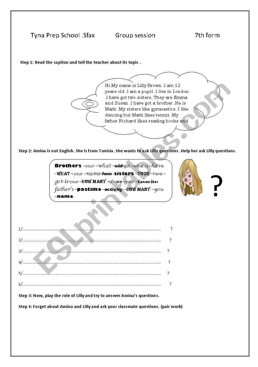 famibies  and hobbies  worksheet