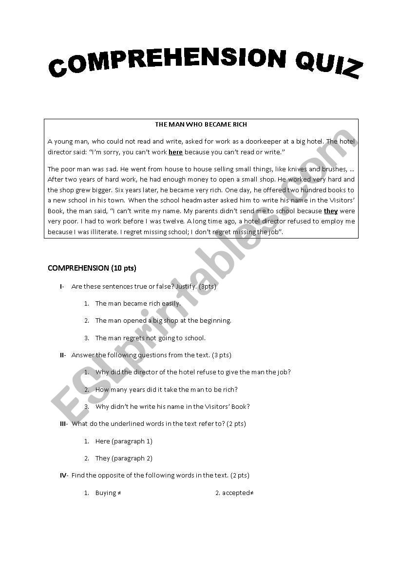 comprehension quiz worksheet