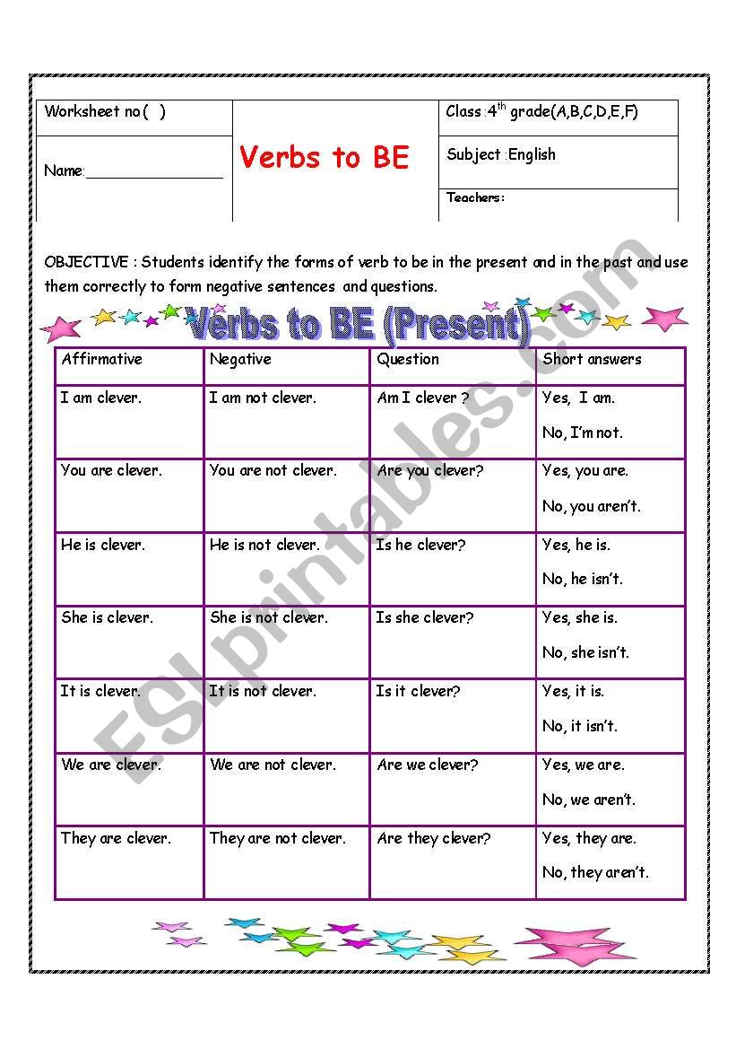 verb to be worksheet