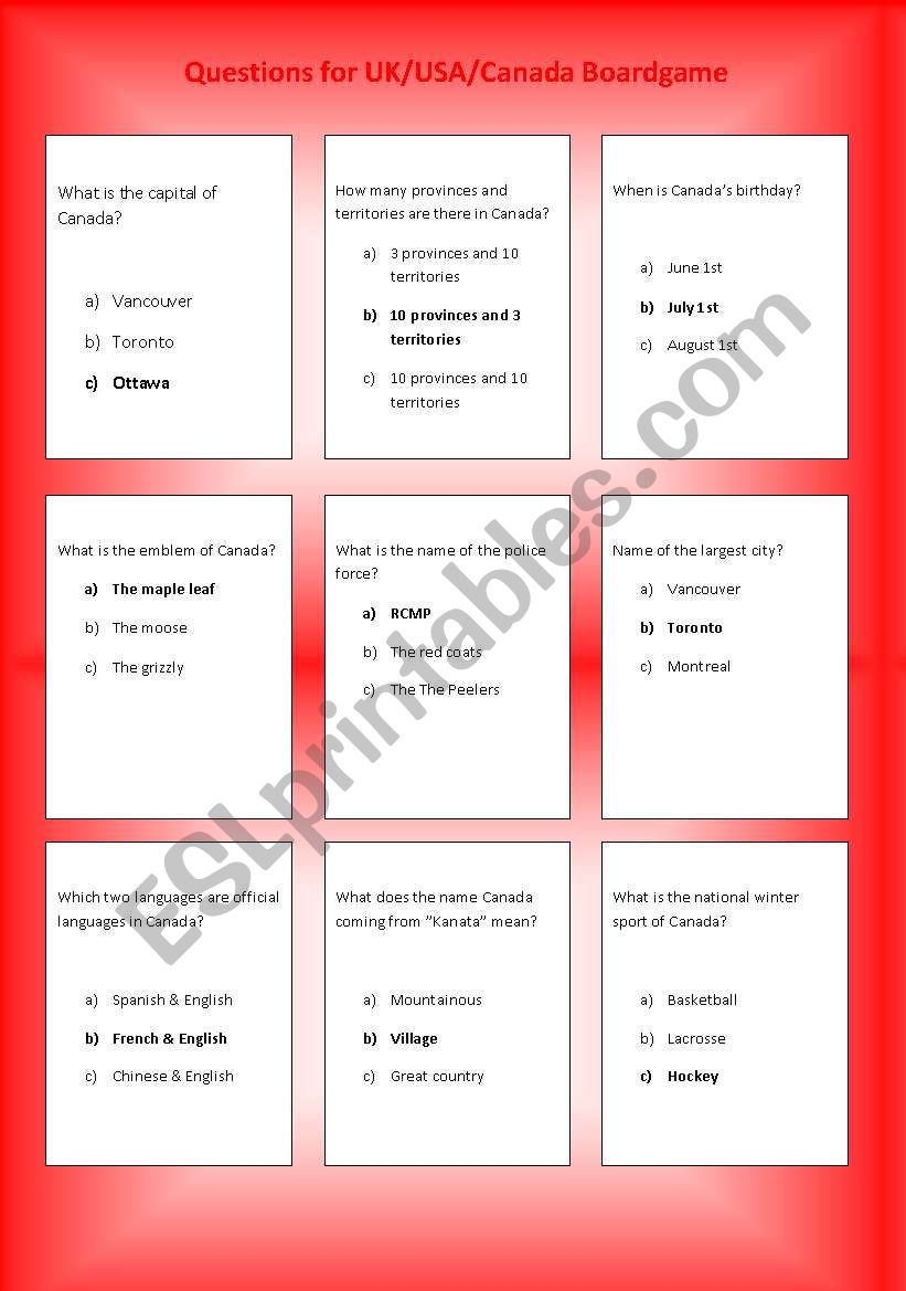 Cards for the UK/USA/CANADA Boardgame: Canada