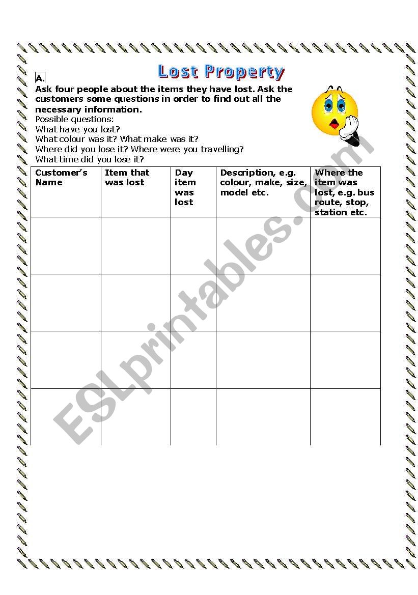 Lost property - Speaking and writing activity for pairwork with past tenses