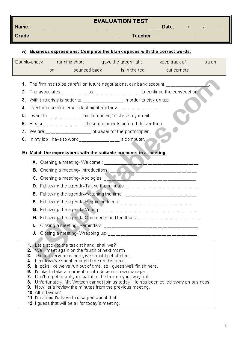 Business English: Test worksheet