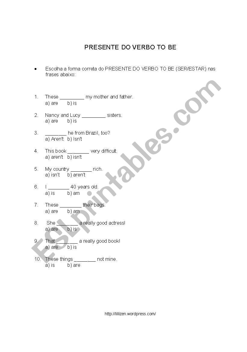 PRESENT TENSE VERB TO BE worksheet