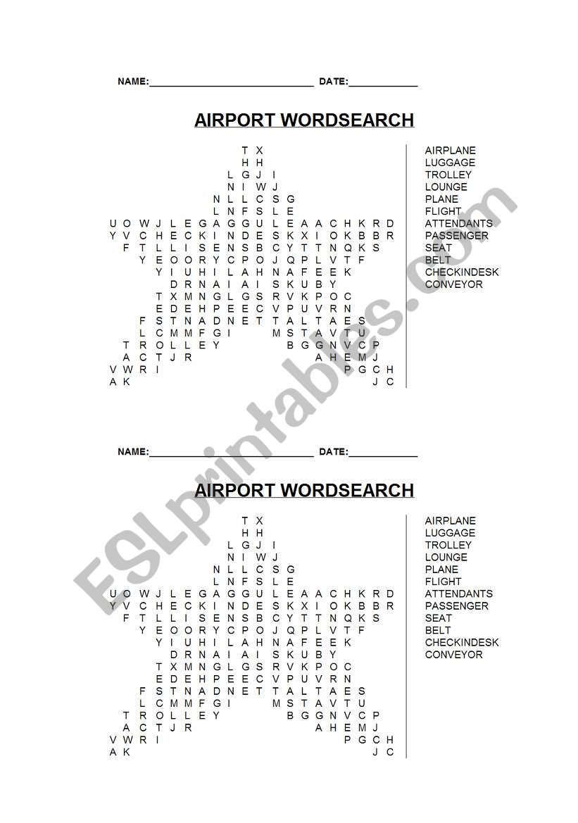 airport wordseach worksheet