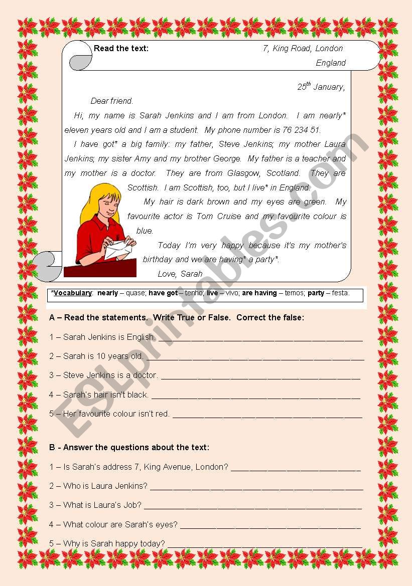 A  letter from Sarah worksheet