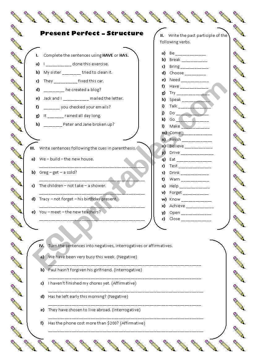 Present Perfect Structure worksheet