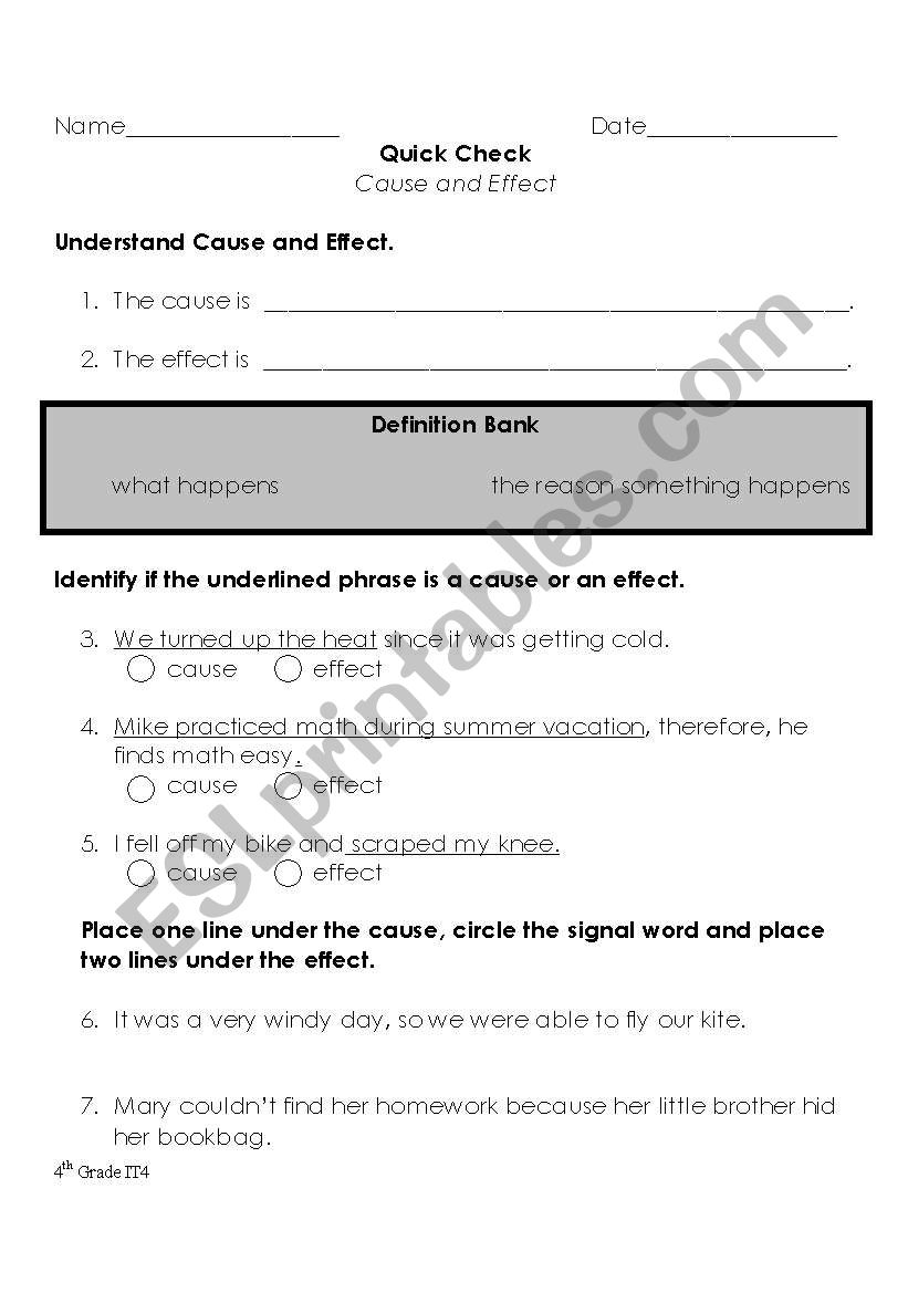 Cause and Effect Assessment worksheet