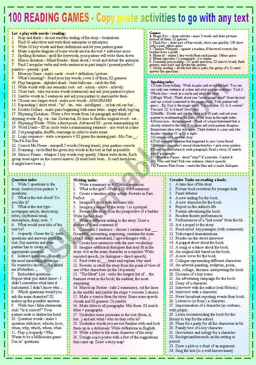 100 READING GAMES - POSTER + Timesavers + Hippo Report + Suggestions + BW + tons of LINKS - ((11_PAGES)) - A1-C2 level