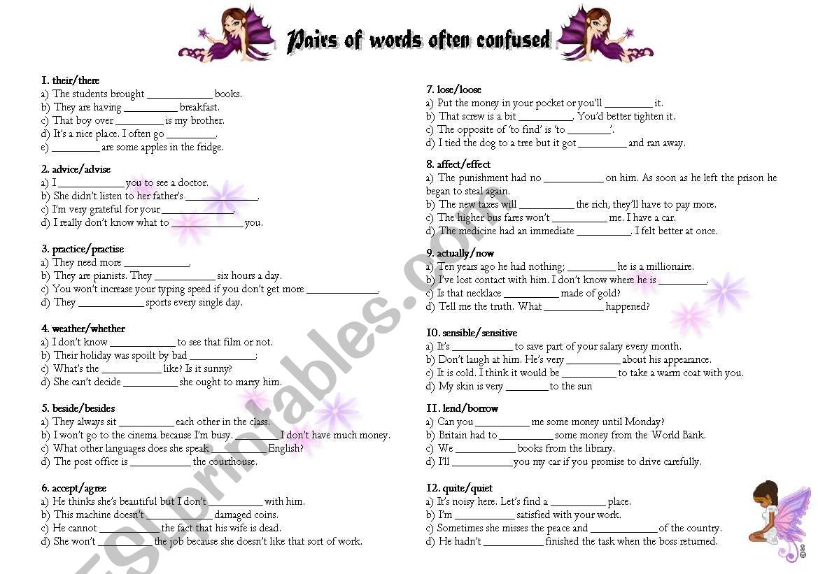 pairs of words often confused worksheet