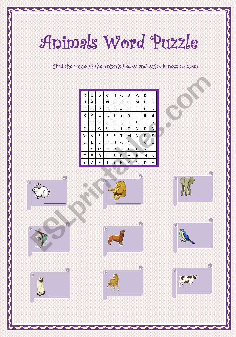 Animals word search worksheet