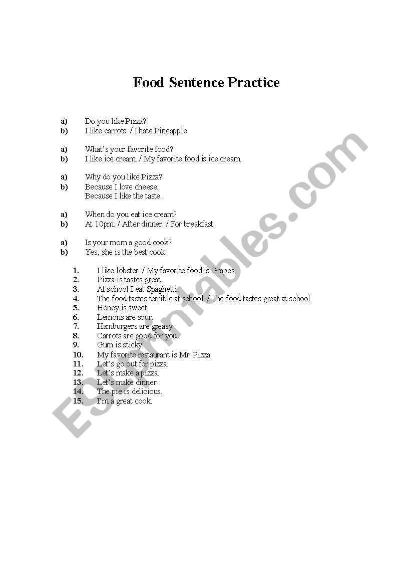 Food Sentence Practice worksheet
