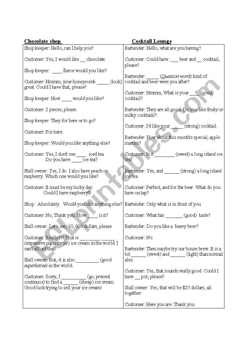 Shop dilagoue and cloze  worksheet