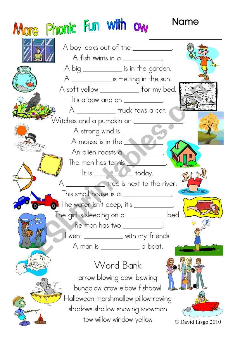 3 more pages of Phonic Fun with ow: worksheet, story and key (#16)