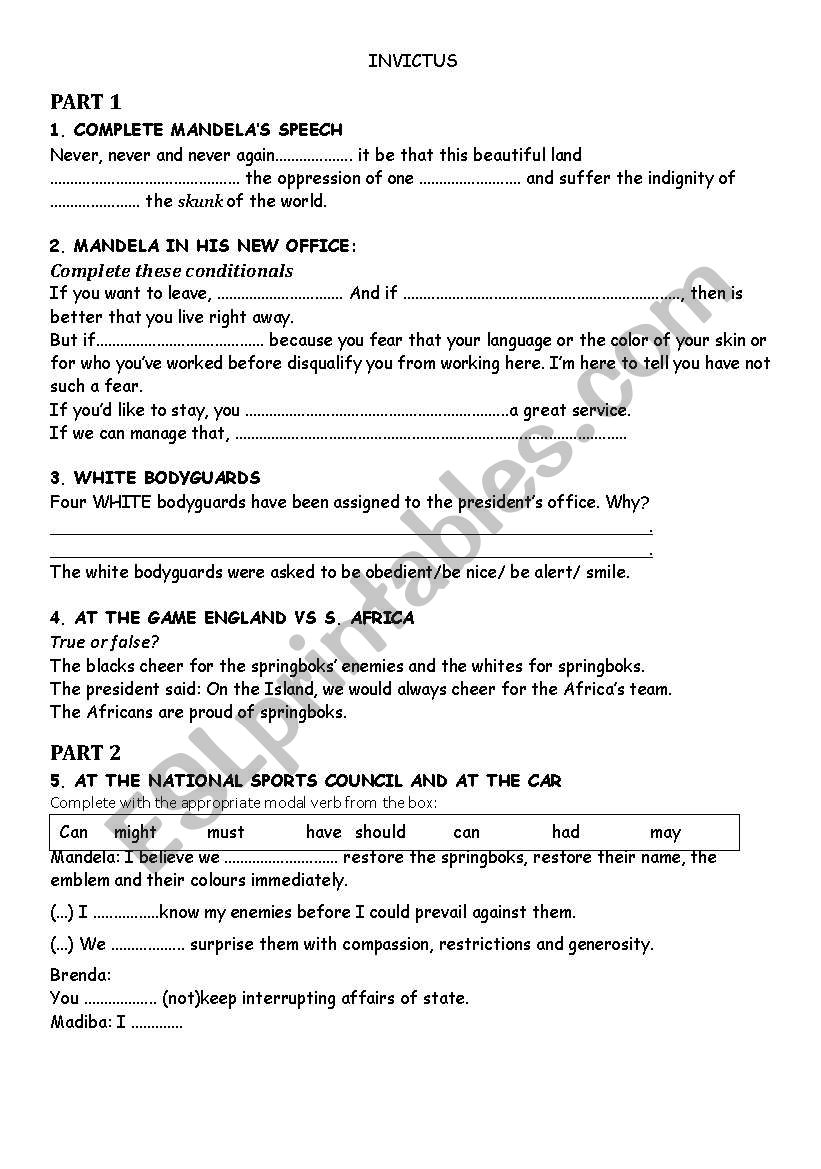 INVICTUS MOVIE worksheet