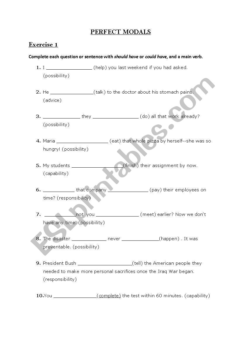 exercies on perfect modals worksheet