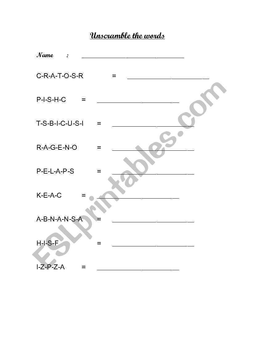 Unscramble the words - food worksheet