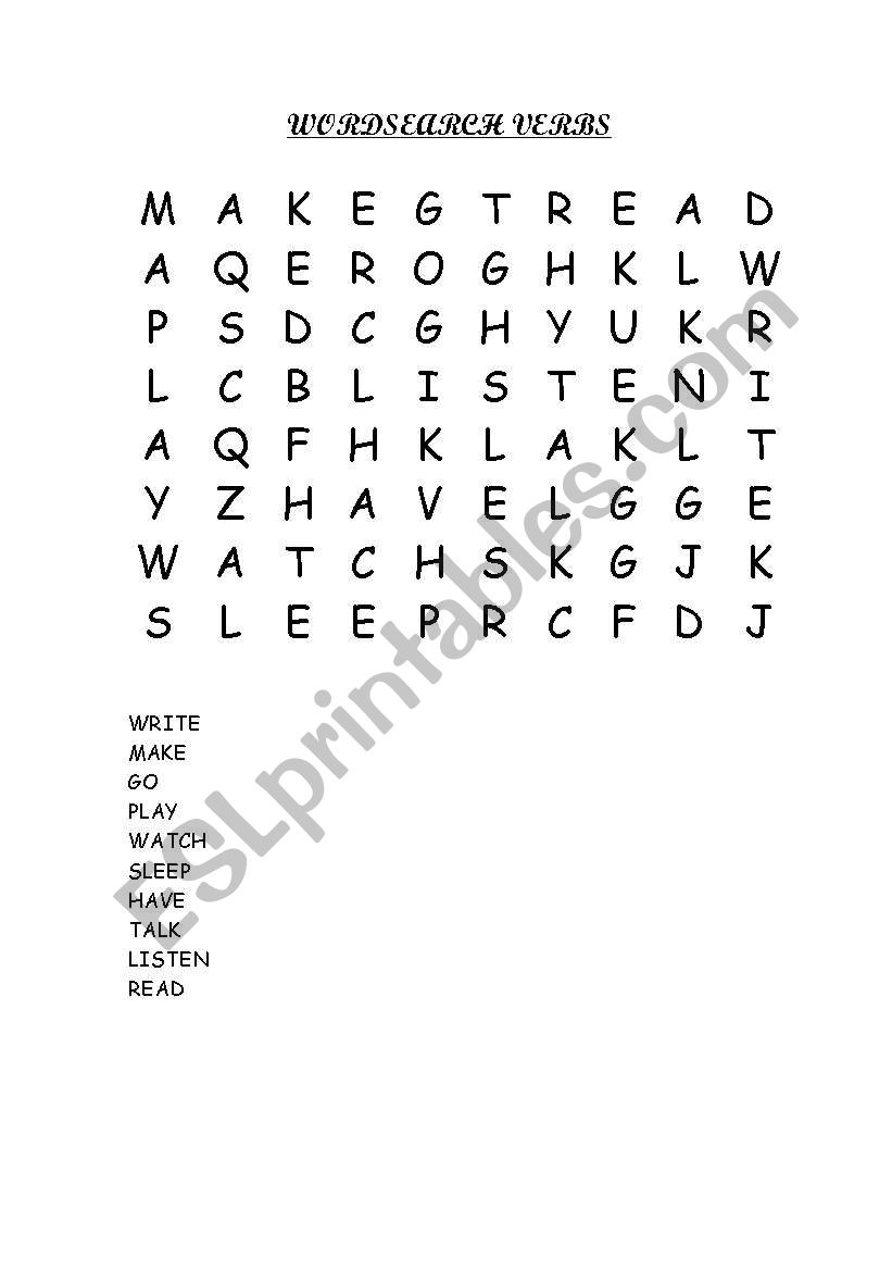 Wordsearch verbs worksheet